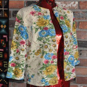 Vintage 70’s Kio Hooper Floral Sweater 100% Wool CARDIGAN Metal Buttons S